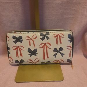 Bow Print Zip-Around Wallet - White with Red & Navy Bows